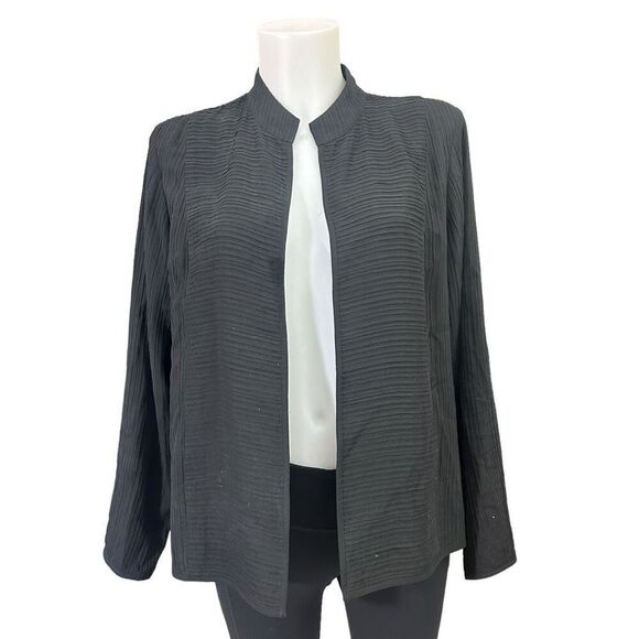 Eileen Fisher Black Pleated Silk Open Front Cardigan Lightweight w/ Pockets sz M - Picture 1 of 10
